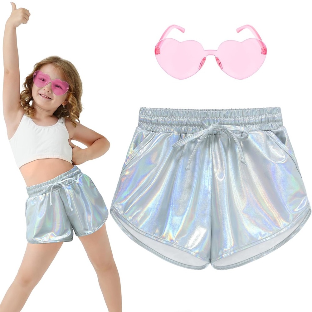 NWT Holographic Silver Shorts with Pink‎ Heart Sunglasses Sz 10-11yr